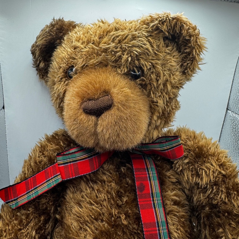 Gund Brown Shaggy Teddy Bear Plush Red Plaid Ribbon Bow Holiday Classic
